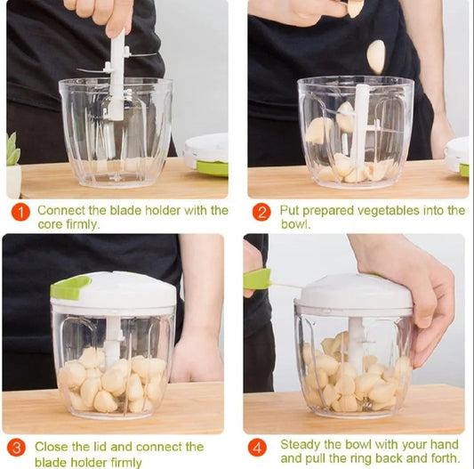 Multifunctional hand-pulled chopper for fast slicing, dicing, and mincing